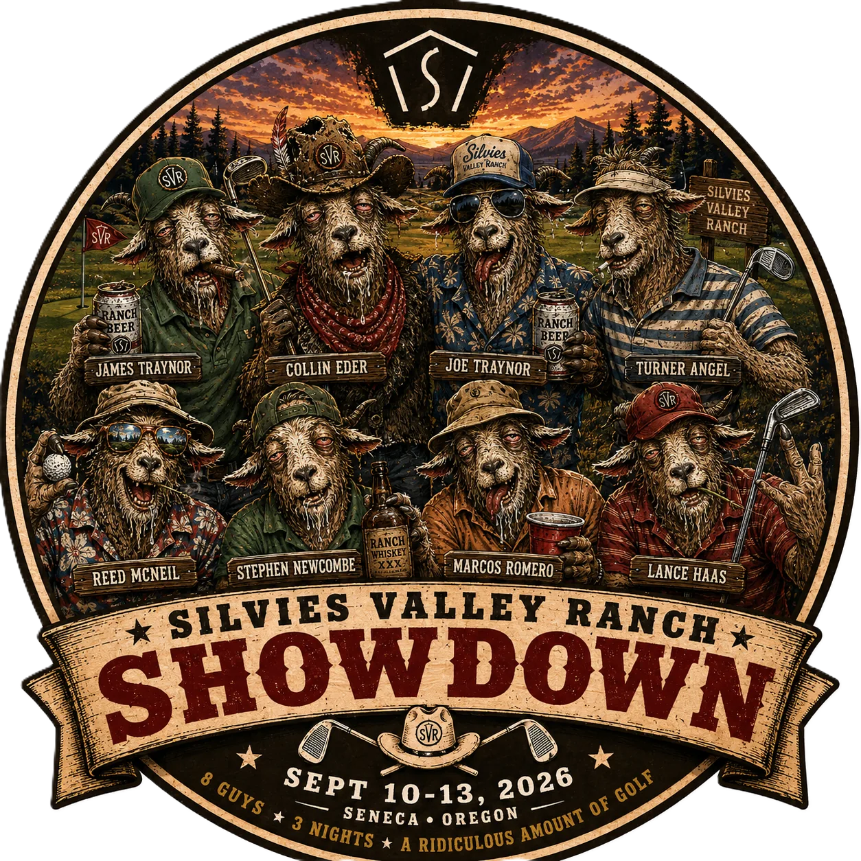 The Showdown crew crest — eight goat golfers: James Traynor, Collin Eder, Joe Traynor, Turner Angel, Reed McNeil, Stephen Newcombe, Marcos Romero, and Lance Haas